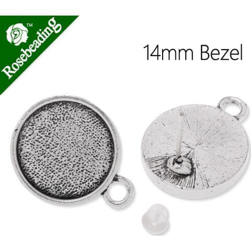 14mm Antique Silver plated stud earring,earring bezel/blank,fit 14mm glass cabochon;with rubber stoppers,sold 20pcs/lot-C3709