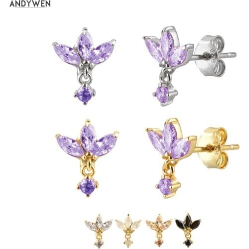 ANDYWEN 100% 925 Sterling Silver Three Zircon Purple Stud Earring 2020 Queen 8 Color Piercing Ohrringe Small Women Jewelry