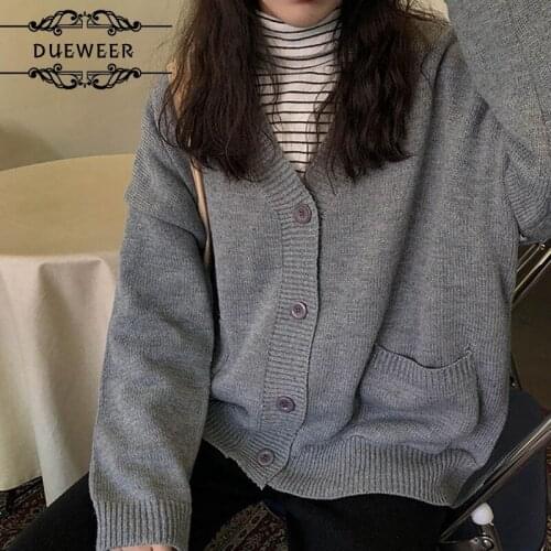 DUEWEER Sweaters Cardigan Women Single-breasted Loose All-match Korean Preppy Style Solid Students Pockets Elegant Casual