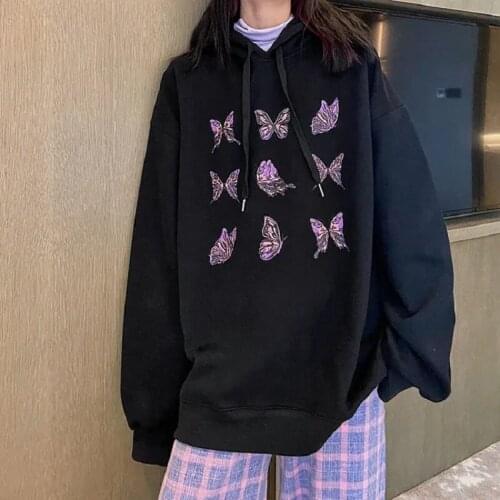 Street Harajuku Loose Warm Ladies Sports Sweatshirt Butterfly Print Hoodie Oversized Hooded Sweater Oversized hoodie Solidcolor