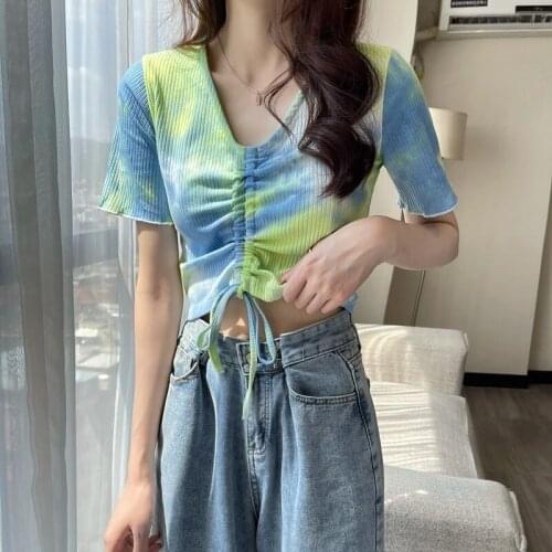 Tie-dye Drawstring V-neck Short-sleeved T-shirt Women Summer New Korean Version of The Slim and Thin All-match Crop Top