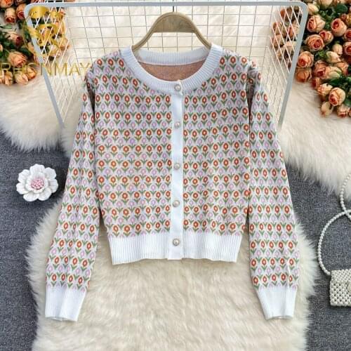 Autumn New Knit Tops Korean Sweet Jacquard Sweater Female Long Sleeve O Neck Flower Printing Cute Short Cardigan