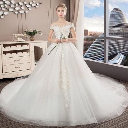 Boat Neck Princess Wedding Dress 2021 Luxury Royal Train Lace Embroidery Woman wedding Dress Lace Up On Back Celebrity Dress