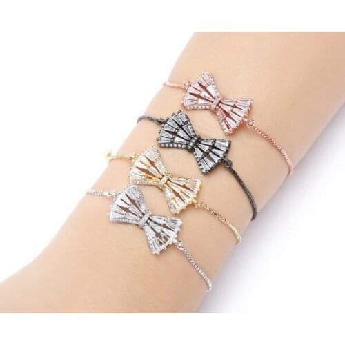 Gold silver Chain micro pave cz Zircon Cubic Zirconia bracelet rope adjusted Macrame xt34 Bow Bangle Jewelry Women