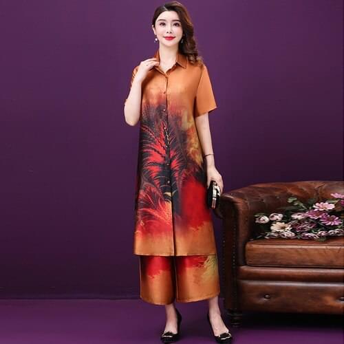 2 Pieces Autumn Fashion Silk Literature Art Print Short Sleeved Loose Woman Nine-minute Wide Legged Pants Female Cardigan