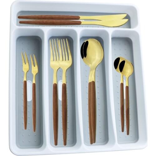 30Pcs Wooden Handle Dinnerware Set Stainless Steel Cutlery Knife Cake Fork Spoon Table Silverware Set With Plastic Storage Tray