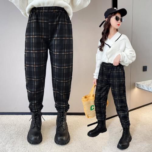 Girls Pants with Plaid Pattern Baby Girls Spring Autumn High Waist Childrens Casual Style Wide Leg Pants Clothes 5-14Years Old