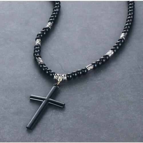 Natural Black Beaded Chain Necklaces Retro Cross Pendant Necklace for Women Statement cloar Mens Religious Jewelry MN222