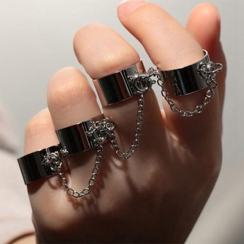 Punk Cool Hip Pop Stainless Steel Rings 4PCS Adjustable Chain Fingers Opening Women Ring Set for Women Party Gift