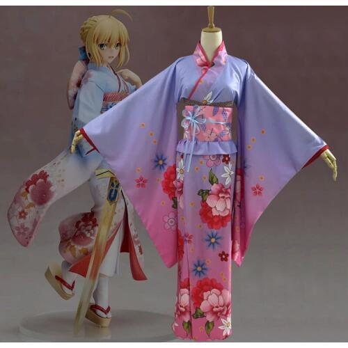 Fate/stay Night Costume Arturia Pendragon Saber Kimono Halloween Cosplay Costume