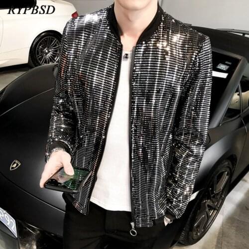Harajuku Bomber Jacket Men 2021 Fashion Shiny Sequin Nightclub Stage Costume Slim Fit Long Sleeve Cool Hip Hop Streetwear Jacket