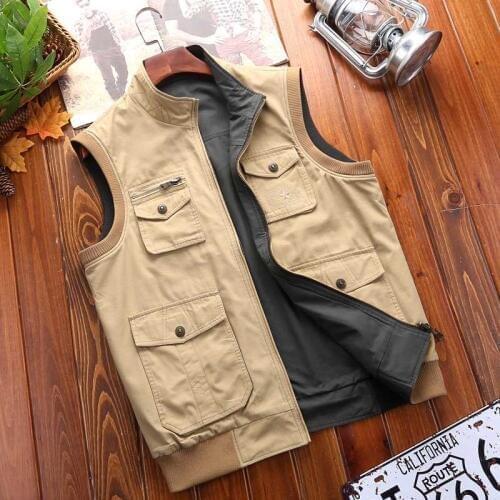Autumn Fashion Vest Double Side Wear Cotton Sleeveless Jacket Coat Men Casual Waistcoat with Multi Big Pocket Plus Size M-3XL