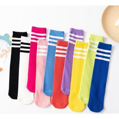 2021 New Candy Colored Stripes Cotton Girls Boys Long Socks Knee High Tube Childrens Girls School Sports Socks