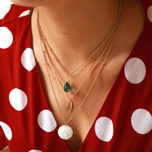Bohemian Gold Multilayer Necklaces For Women Cowrie Flower Green Crystal Choker Pendant Necklace 2020 Ethnic Female Jewelry Gift
