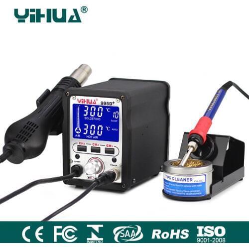 YIHUA 995D+ Lead Free Iron Soldering Station With Hot Air Station Soldering LCD Rework Station+4 Nozzles+2tweezers+IC Puller