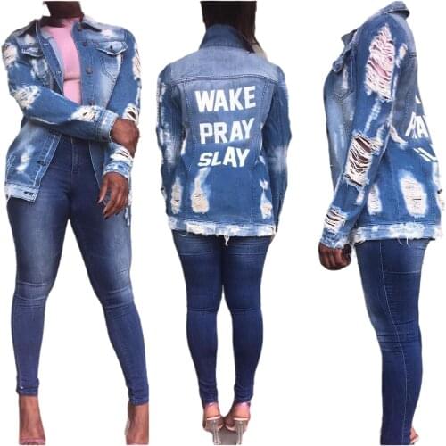 Ripped denim jacket sexy womens lapel hollow tassel printing letters novelty casual denim jacket jacket