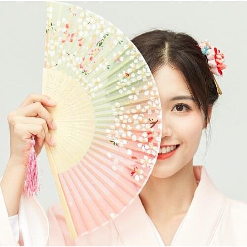 Retro Style Silk Folding Fan China Bamboo Folding Fan Tassel Photo Props Dance Fan Bar Cafe Wall Decor Craft Elegant Ladies Gift