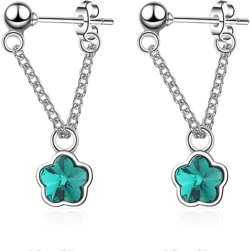 Pink Green Blue Flower Crystal Tassel 925 Sterling Silver Stud Earrings For Women Fashion Korean Jewelry Aretes De Mujer