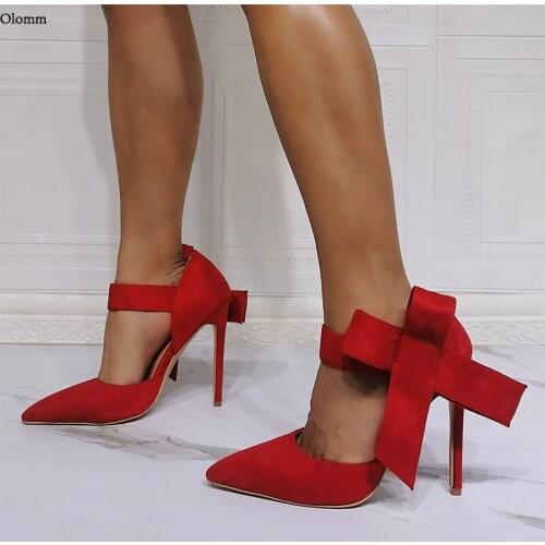 Olomm 2021 Handmade Women Pumps Suede Butterfly Knot Sexy Stiletto Heel Pointed Toe 9 Colors Party Prom Shoes Women US Size 5-15