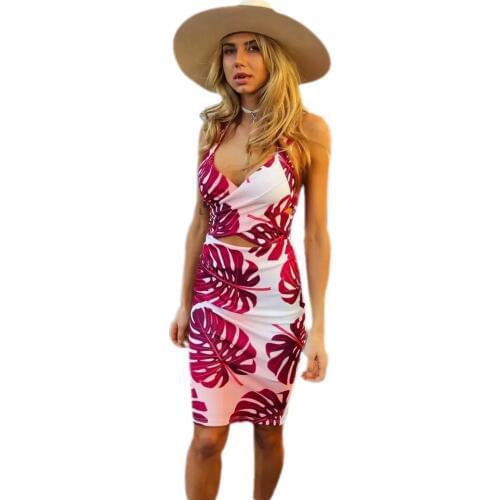 Women Red Leaf Print Summer Halter Knee Length Sexy Deep V Bodycon Dress Free Shipping 3S2400 Sexy Fashion Dress