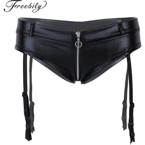 Women Lingerie Underwear Wetlook Faux Leather Zipper Crotch Low Rise Mini Briefs with Garters Ladies Sexy Panties Clubwear