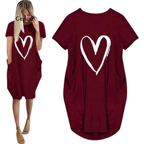 Women Casual Loose Dress With Pockets Fashion O Neck Short Sleeve Love Print Long Tops Female Street Plus Size 5XL T-shirt Dress