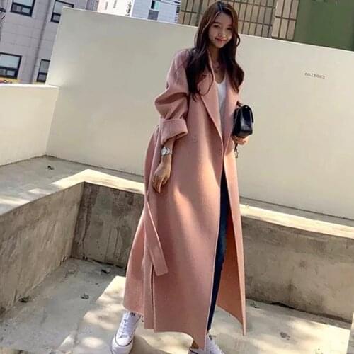 2021 Autumn Winter Woolen Coat Female Mid-Long Loose New Korean Temperament Womens Fashion Casual Outerwear Wool Coats Pink