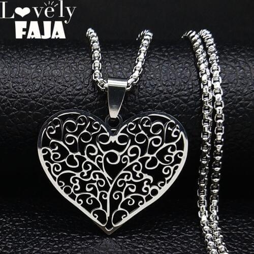 2021 Fashion Tree of Life Heart Stainless Steel Necklaces for Women Silver Color Statement Necklace Jewelry cadenas mujer N3044