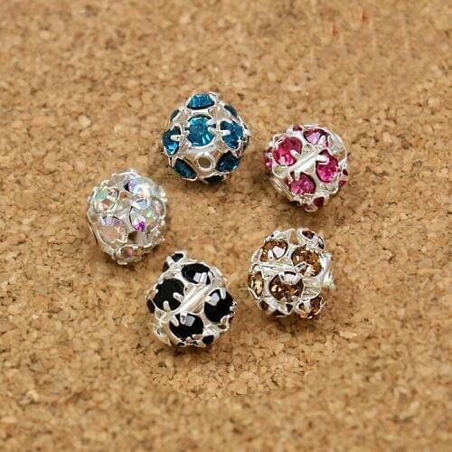 300pcs/lot 8mm Round Metal Base Silver Plated Rhinestone Loose Spacer Ball Beads