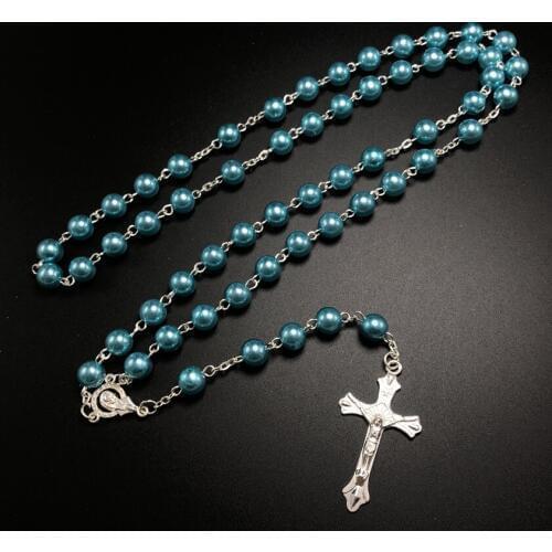 8 Colors 8mm long glass Imitation pearl bead rosaries Necklace Silver Drop Cross Virgin Mary Center Rosary Jesus Pendants