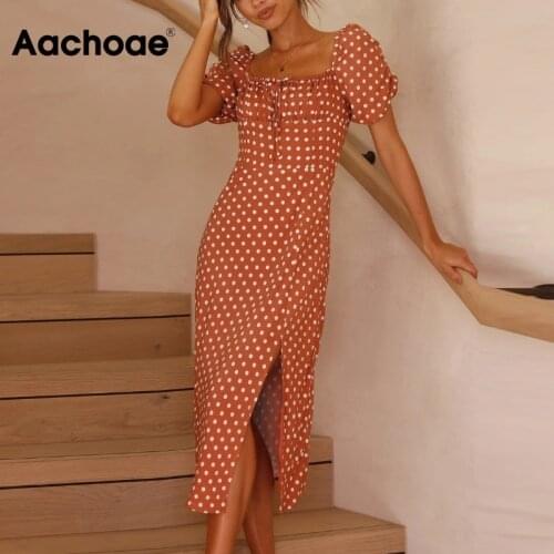 Aachoae Summer Women Vintage Polka Dot Printed Midi Dress Sexy Split Puff Short Sleeve Dresses Female A Line Sundress Vestido