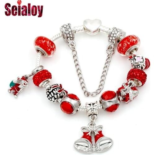 Seialoy Christmas Bell Charm Bracelets For Women Original Anime Santa Red Crystal Gift bag Beads Fine Bracelet Bangle Gifts