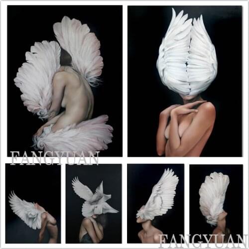 Black and White Girls Wing Feather Diamond Painting Full Square Round Diamond Mosaic Embroidery Wall Picture for Home Decor