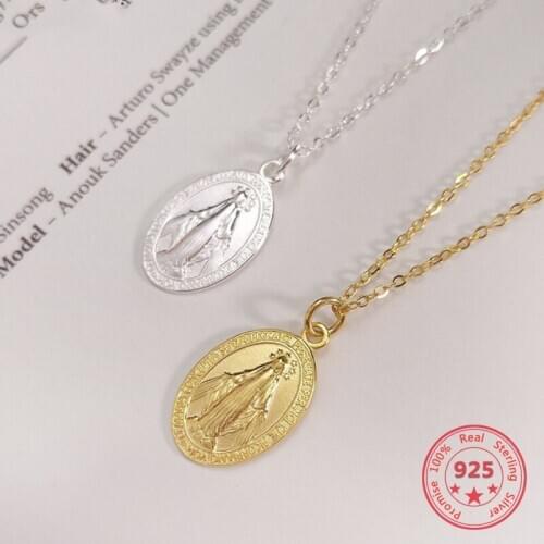 Pure 925 Silver European American New Design Creative Concise Maria Pendant Gold Charm Necklace Fine Jewelry