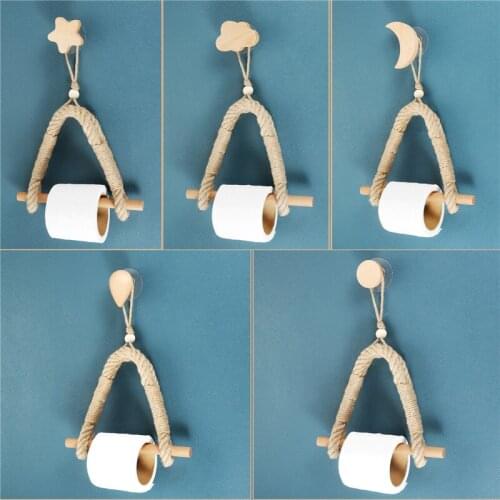 Toilet Paper Holder Natural Rope Wood Hanger Handmade Towel Rack Storage Star/Moon/Cloud/Drop/Wafer Shape Bohemian Style Decor