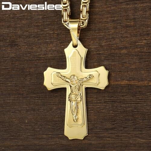 Davieslee 2-Layer Big Jesus Cross Pendant Necklace for Men Byzantine Box Link Chain Stainless Steel Gold Silver Color DKPM141