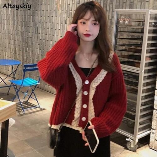 Cardigan Women Solid Mujer De Moda Sweet Red Trendy Loose Daily Vintage Korean Fashion College Girls Outwear V-Neck Newest Chic
