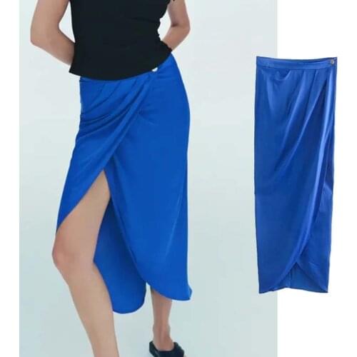 Klkxmyt Za Woman 2021 Satin Wrap Skirt Women Elegant Long Skirts Woman High Waist Midi Skirt Fashion Pleated Slit Summer Skirts