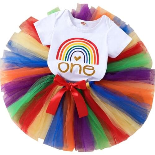 Baby Girls Two-piece Clothes Set White Short Sleeve Romper and Multicolor Bubble Skirt
