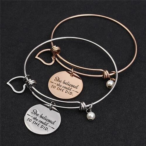 LOULEUR 65mm Out Diameter Stainless Steel Heart Pearl Pendant She Believed She Could So She Did Engraved Bangle for Women