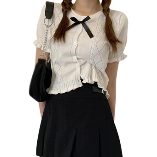 Summer Korean Style Fashion Comfortable Sweet Hollow Short Style Short-Sleeved Knitted Top
