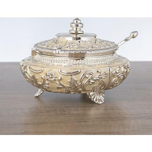 New creative European-style enamel high-end luxury metal tabletop white sugar can flavoring can with spoon