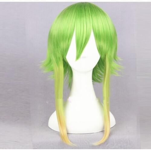 Vocaloid Gumi Megpoid 35cm/14" Golden Green Ombre Short Layered Fluffy Synthetic Hair Cosplay Wigs For Party+wig cap