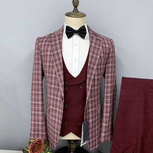 Classic Male Plaid bridegroom Wedding Suits men with red vest pants slim fit 3 piece Jacket pointed lapel business party Blazer