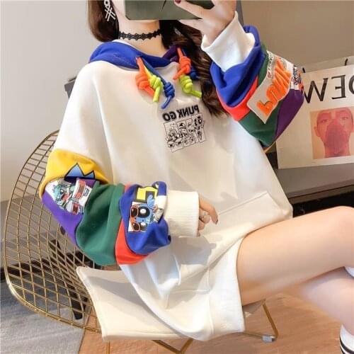 Autumn Women Sweatshirts Oversized Kawaii Anime Printing Color Contrast Hooded Vintage Clothes Aesthetic Long Sleeve Tops