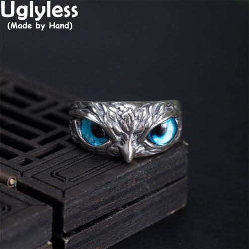 Uglyless Thai Silver Owls Animals Jewelry for Women 925 Sterling Silver Alert Owl Rings Blue Rezin Eyes Rings Creative Bijoux