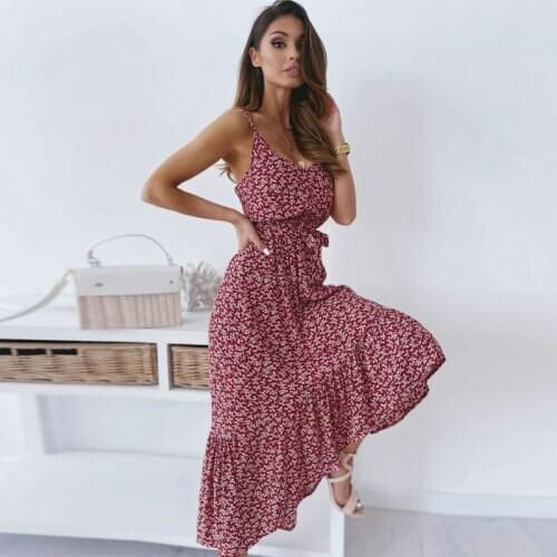 Women Bohemian Flower Printed Sashes Party Dress Sleevless Sexy V neck Ruffled Elegant Casual Dress 2021 Summer New Fashin Dress