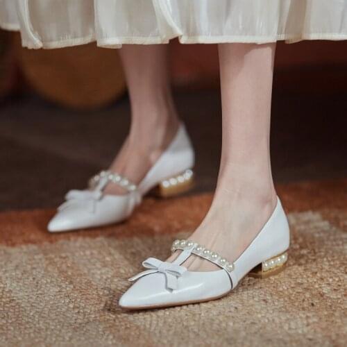 Women pumps natural Leather shoes 22-24.5cm Cowhide upper Full leather Pearl heel buckle bow pointed toe shoes Mary Jane shoes