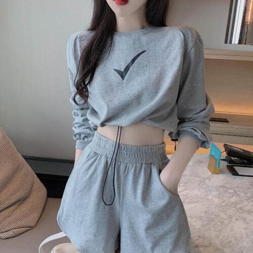 Womens Casual Suits Autumn Drawstring Short Long-Sleeved Top High-Waist Wide-Leg Shorts Two-Piece Sets
