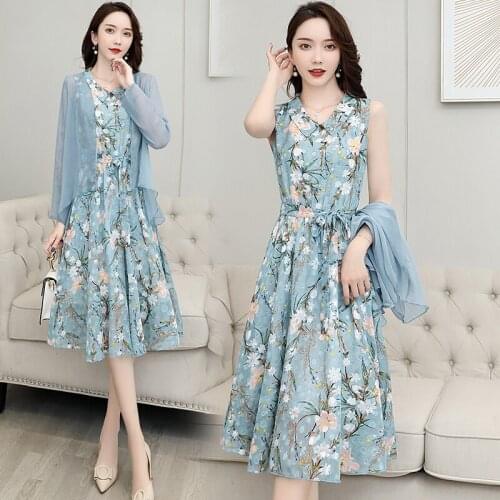 Two-piece Set Summer Elegant Lace Up Floral Print V-neck Knee-length A-line Chiffon Blue Black Pink Party Vestidos Women Dress